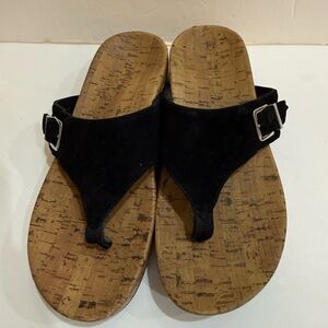 Vionic Sandals Women 7 Black Suede Cork Wedge Buckle Comfort